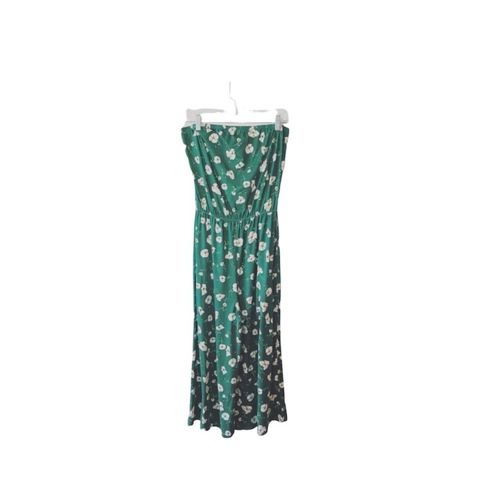 Francesca’s Miami Floral Strapless Jumpsuit Green White Cropped Wide Leg Medium